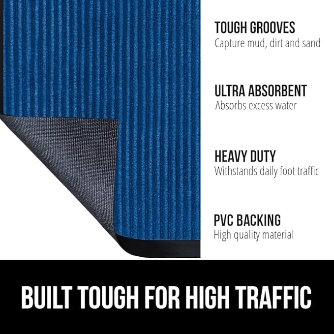 GORILLA GRIP Traffic Guard Door Mat, Heavy Duty Welcome Mats, Commercial Office Space Doormat, Waterproof, Fade Resistant, Strong Rubber Backing, Low Profile, Shoe and Boot Scraper, 29x17, Blue