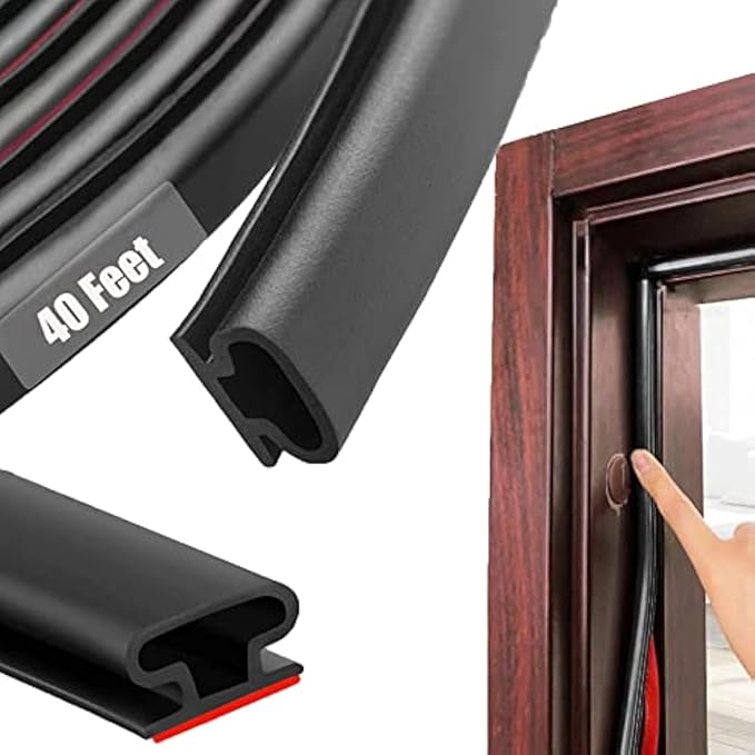 Black Rubber Weather Stripping Door Seal Strip, D Shape Door Rubber Weather Seal Strip, SelfAdhesive Door Weatherstripping Soundproofing Door Sealing Strip for Windows (40 feet, Black)