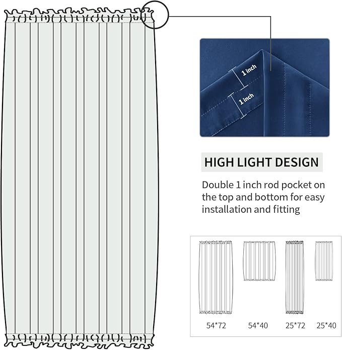 DWCN French Door Curtains – Rod Pocket Thermal Blackout Curtain for Doors with Glass Window, Kitchen and Patio Doors for Privacy, 54 X 40 Inches Long, 1 Curtain Panel with Tieback,Classic Blue