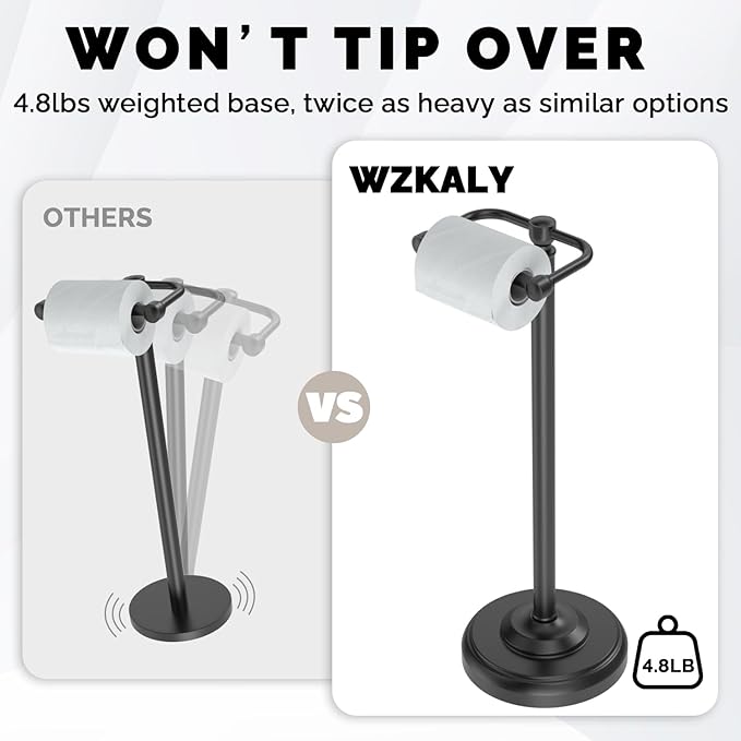 Black Toilet Paper Holder Stand, Matte Black Toilet Paper Holder Free Standing, Post Pivoting Design & Stable Weighted Base SUS304 Stainless Steel for Bathroom(Mega Roll)