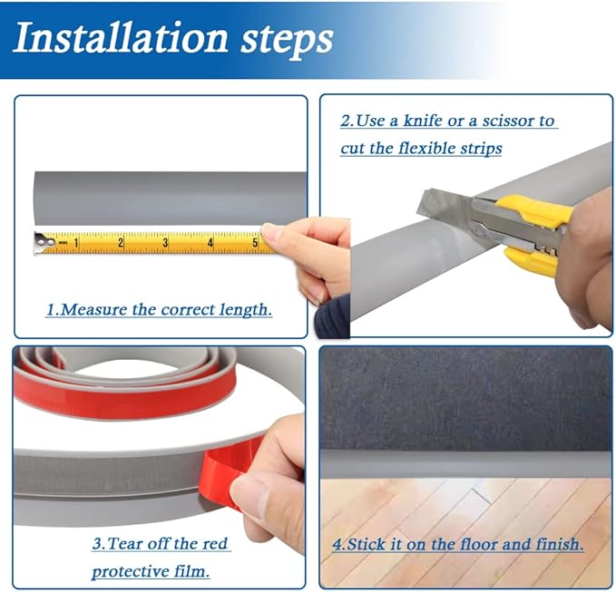 Floor Transition Strip Self Adhesive Carpet & Flooring Transitions Edging Trim Strip PVC Threshold Transitions Suitable for Threshold Height Less Than 5mm (10Ft, Gray)