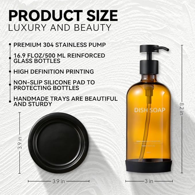 Glass Soap Dispenser Set by Janxin,Bathroom Soap Dispenser Set with Ceramic Tray,Luxury Bathroom Accessories,Modern Kitchen Decor (Amber(Dish Soap))
