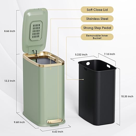 CEROELDA Small Bathroom Trash Can with Lid Soft Close-5L/1.3 Gal Slim Garbage Can-Metal Step Wastebasket-Rectangle Narrow Waste Bin for Office, Bedroom, Toilet, Live Room (Green)