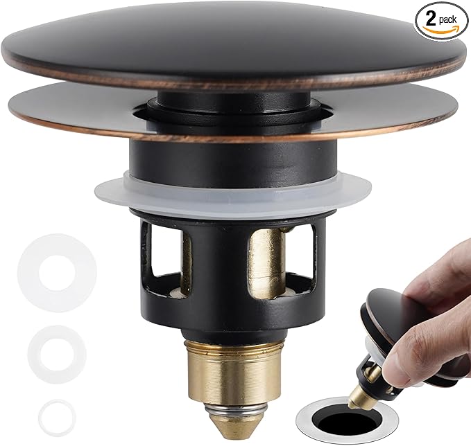 Universal 2PCS Bathroom Sink Stopper 2 in 1 Pop Up Metal Sink Drain Strainer with Hair Catcher, Fit for 1.1~2.36" Sink Basin Hole, Big Cover Cap, Anti-clog, Oil Rubbed Bronze