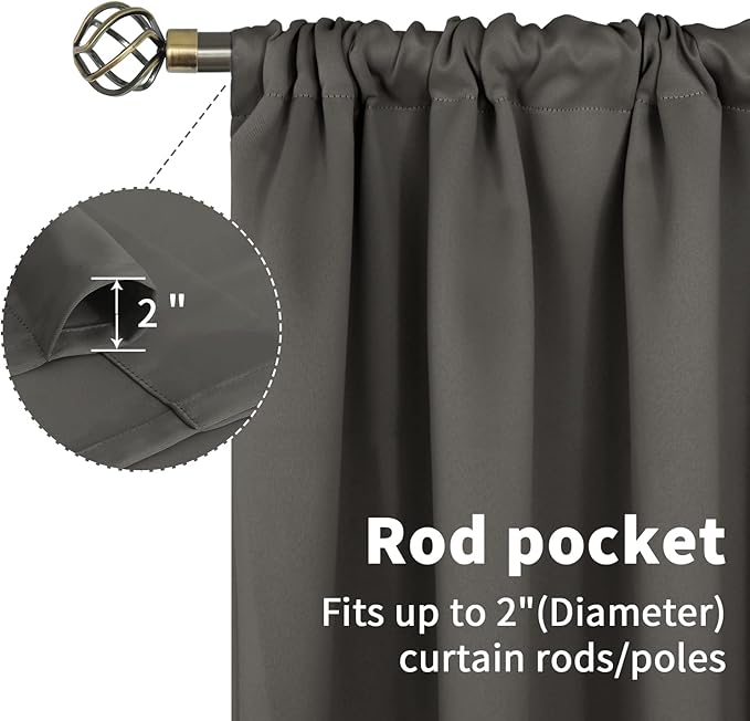 BGment Rod Pocket Blackout Curtains for Bedroom 54 Inches Length - Thermal Insulated Room Darkening Curtain for Living Room, 42 x 54 Inch, 2 Panels, Grey