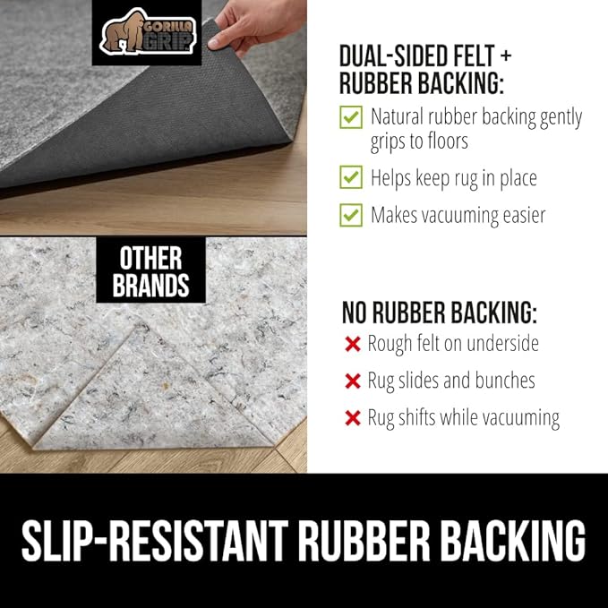 GORILLA GRIP Felt and Natural Rubber Stay in Place Slip Resistant Rug Pad, 1/8in Thick, 5x8 FT Protective Padding Under Area Rugs, Cushioned Gripper Pads, Carpet Runners, Hardwood Floors Protection
