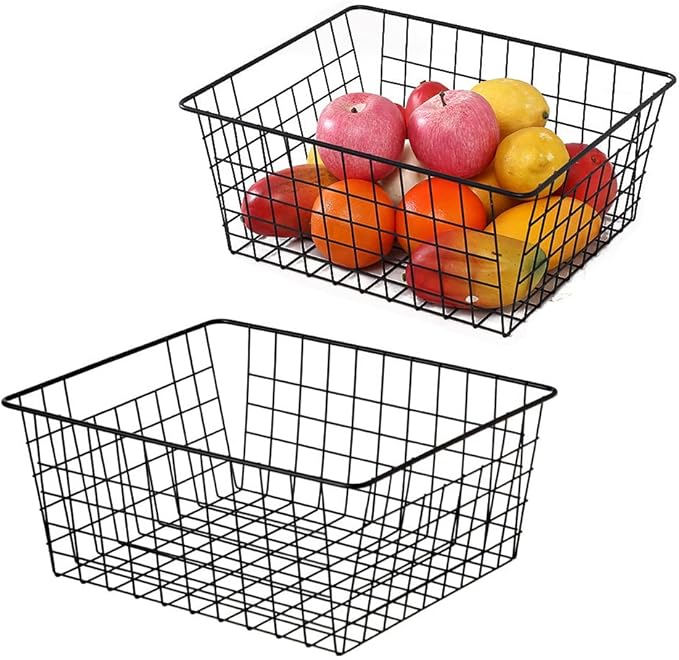 Kitchen Wire Baskets Farmhouse Decor Metal Food Storage Organizer,Household Refrigerator Bin with Built-in Handles for Cabinets,Pantry,Bathroom,Black