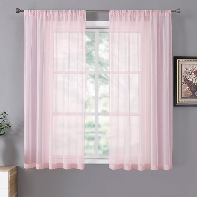 Tollpiz Short Sheer Curtain Linen Textured Living Room Curtains Sheer Light Filtering Rod Pocket Voile Curtain for Bedroom, 42 x 54 inches Long, Pink, Set of 2 Panels