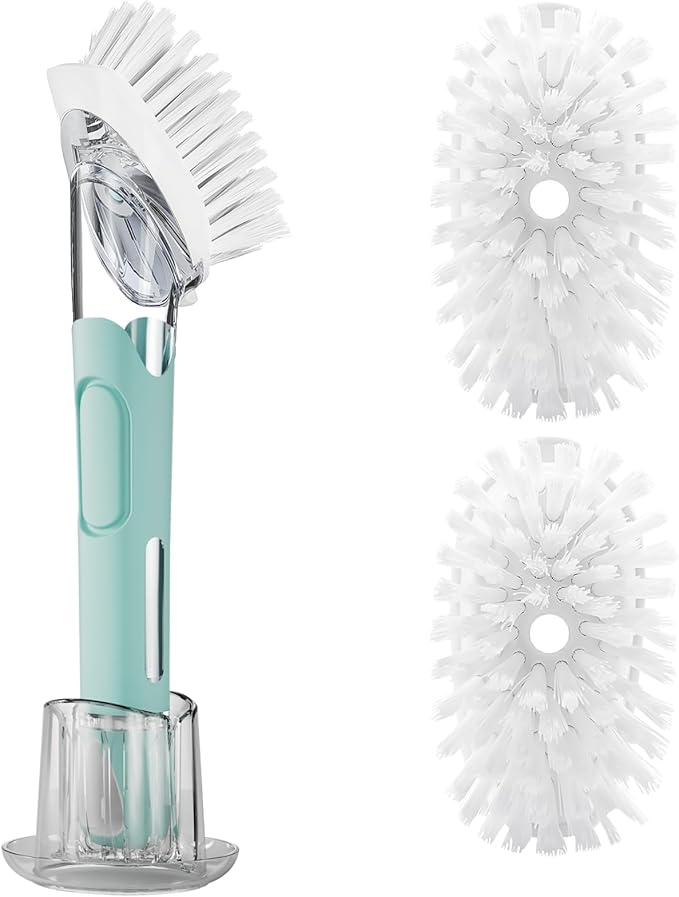 Soap Dispensing Replacement Dish Brush Storage Set with 2 PCS Brush Refills & Holder - RIMAY Dispenser Scrub Cleaning Scrubber Kitchen Dishwashing Dish Wand Handle for Dishes/Pans/Pots/Sink(Blue)