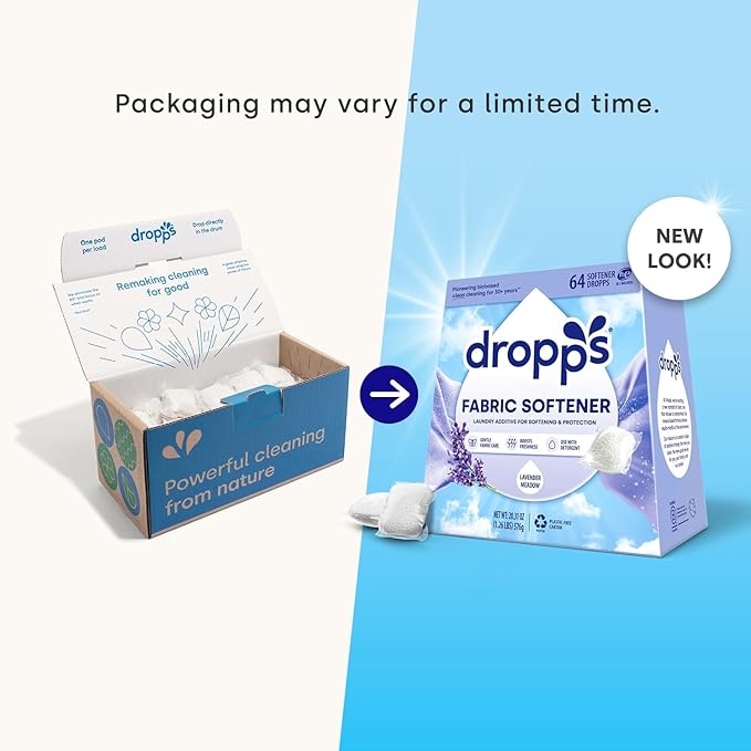 Dropps Laundry Fabric Softener Pods, Lavender Meadow (64 Pods) - Laundry Additive for Softening & Protection - HE Compatible Mineral Based Ingredients Laundry Supplies