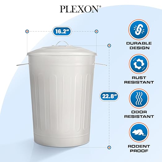 Plexon Round Trash Can 13 Gallon, Vintage Metal Outdoor Trash Can with Lid, Retro Farmhouse Garbage Container, Old School Modern Ash Bucket, Beige