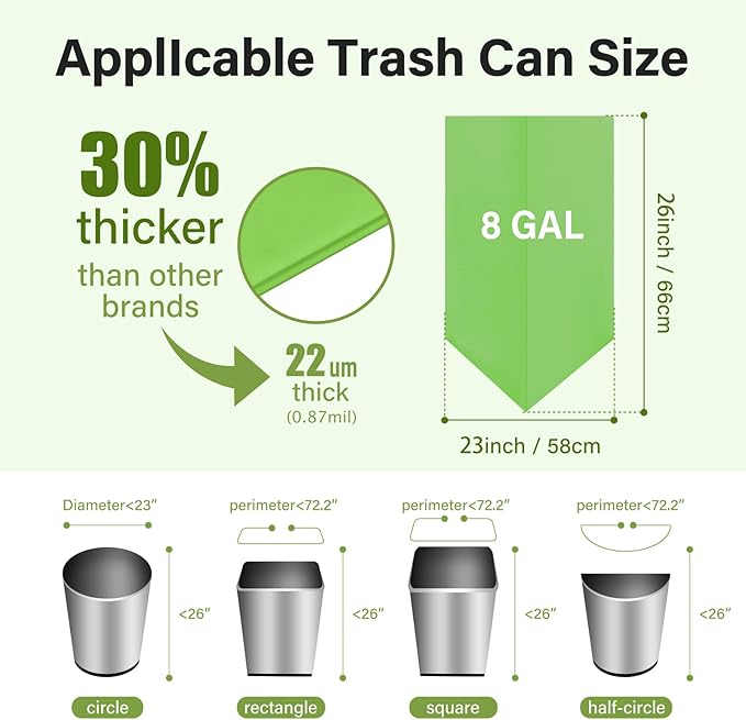 Compostable 8 Gallon Trash Bags Compost Small Garbage Bag Extra Thick 0.87 Mil for Kitchen Bathroom BPI Certified 30 Counts, Green