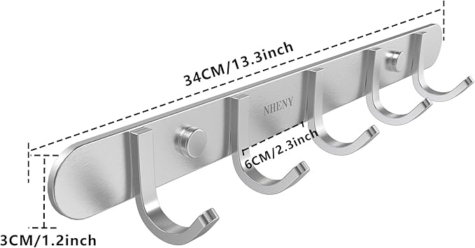 Coat Hook Rack Hanger –Towel Hook Rail with 5 Hooks 13-Inch Wall Mounted for Bedroom, Bathroom, Hallway, Garage, Garden, Office, 304 Stainless Steel Brushed Nickel, Easy Installation (Silver)