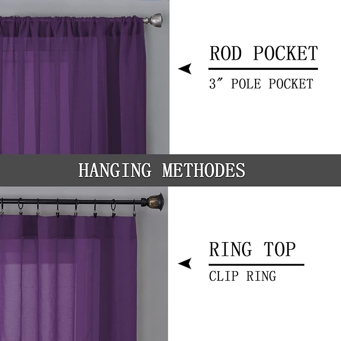 Tollpiz Sheer Curtains Bedroom Linen Textured Curtain Sheers Light Filtering Voile Rod Pocket Curtains for Living Room, 38 x 84 inches Long, Royal Purple, Set of 2 Panels