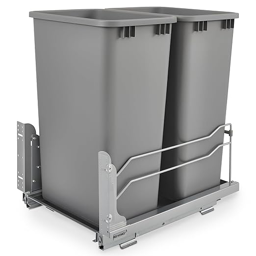 Rev-A-Shelf Double Pullout Trash for Full Height Kitchen Cabinets 50 Quart 12.5 Gallon with Soft-Close Slides, Metallic Silver, 53WC-2150SCDM-217