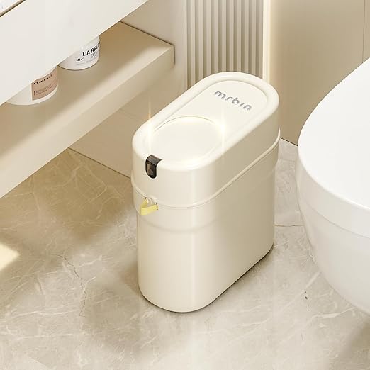 MRBIN Slim Automatic Bathroom Trash Can, 10L/2.6gal Touchless Pull Out Bagging Motion Sensor Waste Basket, Electric Smart Garbage Pail for Narrow Rv, Kitchen, Bedroom, White