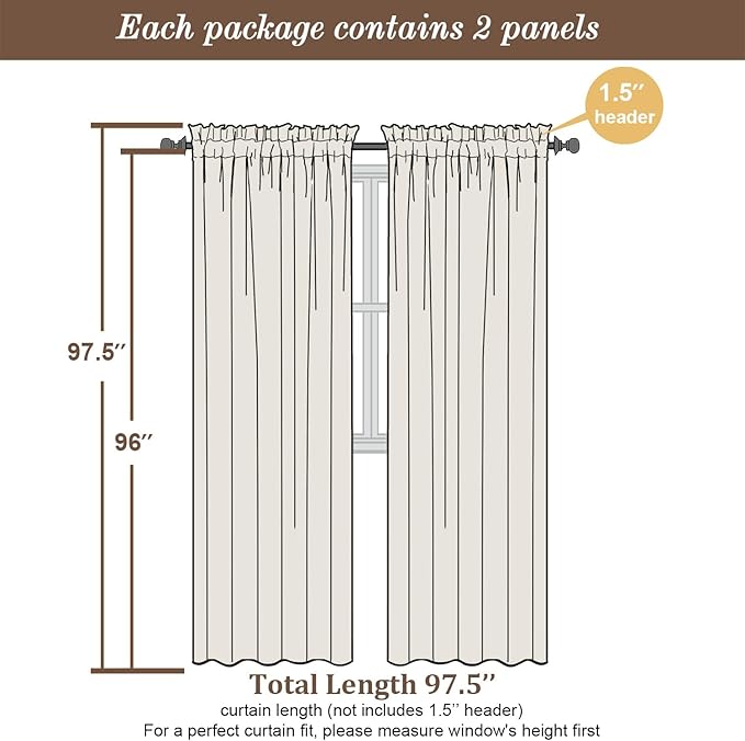 Chyhomenyc White Sheer Curtains 96 inches Long 2 Panels Set, Light Filtering Airy Solid Voile Window Treatment Drapes for Bedroom Living Room, Each 42Wx96L, 8FT Long, Set of 2, White