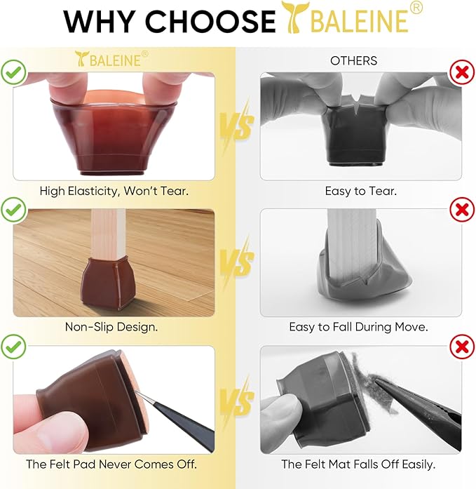 BALEINE 24 Pack Silicone Chair Leg Floor Protectors, Stool Leg Protectors Cap, Non-Slip Chair Leg Caps for Hardwood Floors (Brown & Large (Square), 24 Pack)