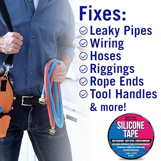 Black Heavy Duty Silicone Tape, Self-Fusing Rubber Hose and Plumbing Water Pipe Repair Seal, Coax Electrical or Waterproof Tape for Leaks, 15ft