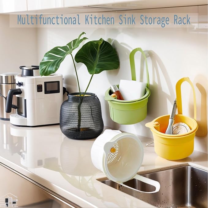 Faucet Hanging Strainer Kitchen Sink Food Waste Catcher Drain Basket, Plastic Kitchen Sink Strainer Automatic Dumping Draining Basket, Food Fruit Vegetable Drain Shelf Sink Storage Holder (Yellow)