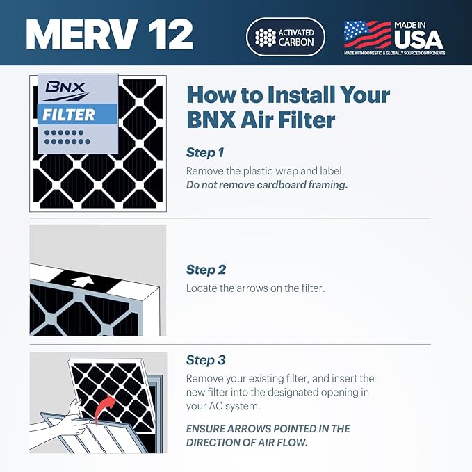 BNX TruFilter 16x25x1 MERV 12 Odor Defense (4-Pack) AC Furnace Air Filter with Activated Carbon - MADE IN USA - Pleated Air Conditioner HVAC AC Furnace Filters - Removes Odor, Mold, Bacteria, Smoke