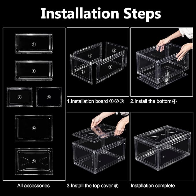 12 Pack Acrylic Shoe Boxes, Ultra Clear Shoe Boxes Stackable, Shoe Storage Box Sneaker Storage for Sneakerhead, Foldable Shoe Organizer with Magnetic Door, Professional Shoe Display Fits US Size 15