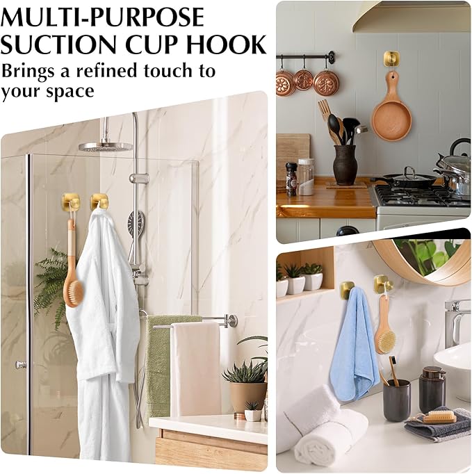 Suction Cup Hooks for Shower - Reusable No-Drill Mounting - Hooks for Towels, Robes & Loofah on Metal, Glass, Mirrors, Tile & Smooth Non-Porous Surfaces (2, Brushed Gold)