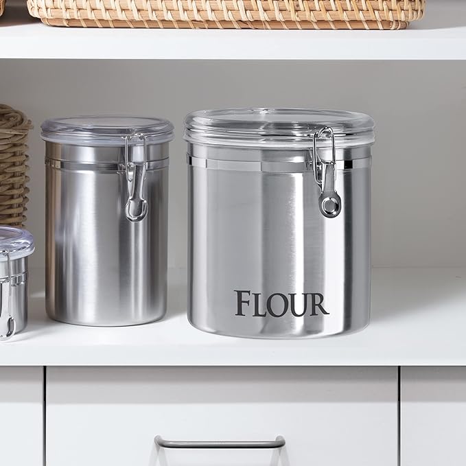 Oggi Stainless Steel Kitchen Canister 152oz + Oggi Jumbo 8" Stainless Steel Flour Clamp Canister