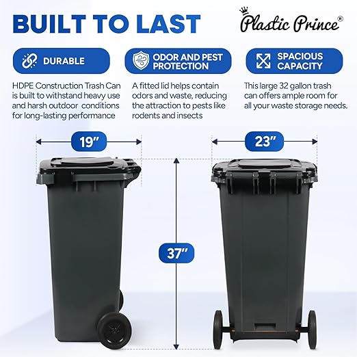 32 Gallon Trash Can with Wheels Outdoor Trash Can with Lid and Wheels Lockable Garbage Can Commercial Heavy-Duty Trash Bin Rolling, Plastic Gray
