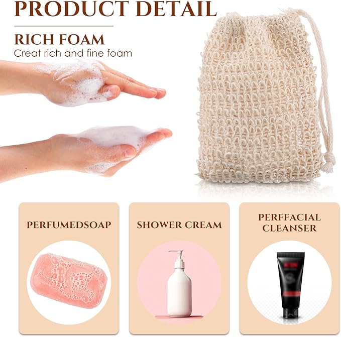 Rtteri 150 Pcs Soap Exfoliating Bag, Natural Sisal Soap Pouch Saver Body Shower Bar Mesh Body Net with Drawstring for Foaming and Drying