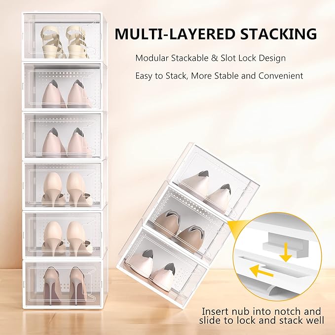 Secret Space 12 Pack XX Large Shoe Storage Organizer for Closet, Modular Space Saving Shoe Boxes Clear Plastic Stackable Containers Display Case Bins with Lids, Shoe Rack for Sneaker Storage, White02