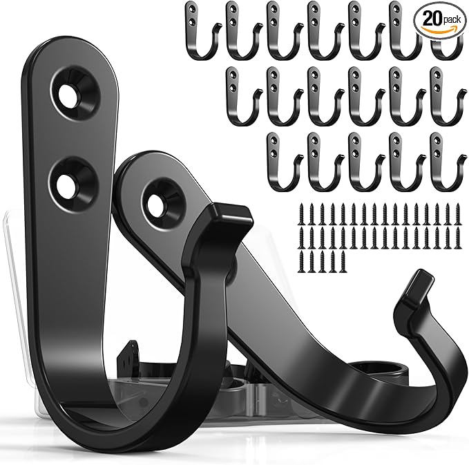 20PCS Heavy Duty Metal Coat Hooks for Wall, Single Prong Hanging Hooks with 40 Screws for Towels, Backpacks, Hats & Dog Leashes