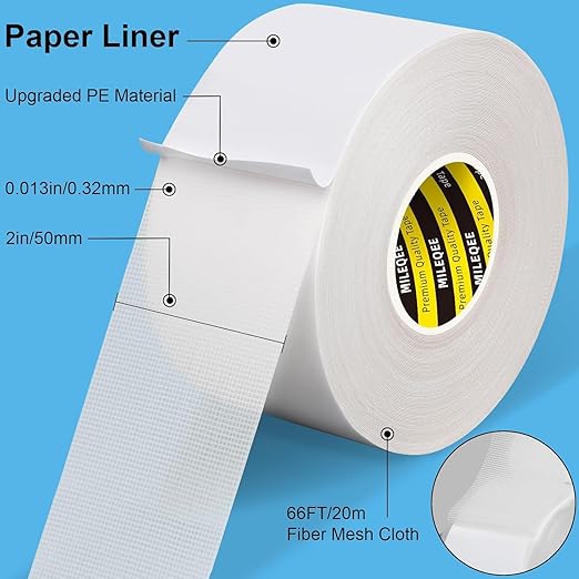 4Pack Double Sided Tape Heavy Duty, 2in x 66FT, Universal High Tack Strong Wall Adhesive with Fiberglass Mesh, Super Sticky Resistante Clear Tape, Easy Use Mounting Tape White
