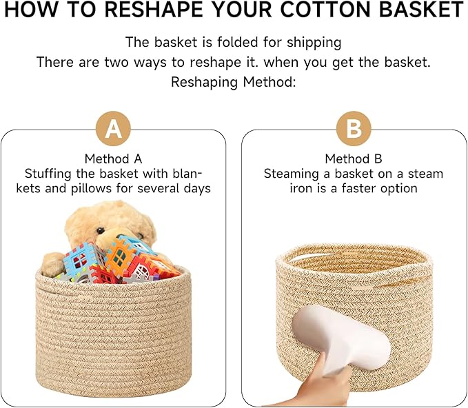 Small Basket for Organizing | Cube Shelf Closet Storage Baskets | 9.7×9.7×7.1” | Woven Rope Gift Basket | Nursery | Round 3 Packs Navy Blue