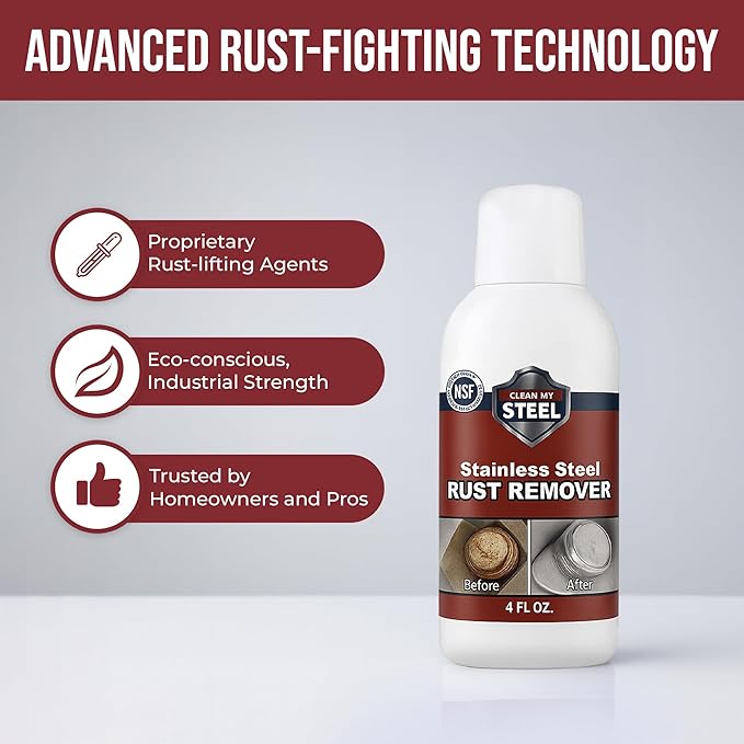 CLEAN MY STEEL Professional Stainless Steel Rust Stain Remover and Cleaner | NSF Approved | Non-Toxic & Food Safe | Quickly Cleans Commercial Equipment, Appliances, Grills, Sinks, and Tools – 4 oz