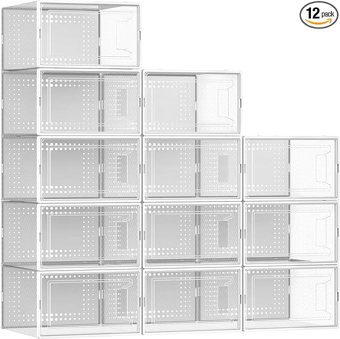 Secret Space 12 Pack XX Large Shoe Storage Organizer for Closet, Modular Space Saving Shoe Boxes Clear Plastic Stackable Containers Display Case Bins with Lids, Shoe Rack for Sneaker Storage, White02