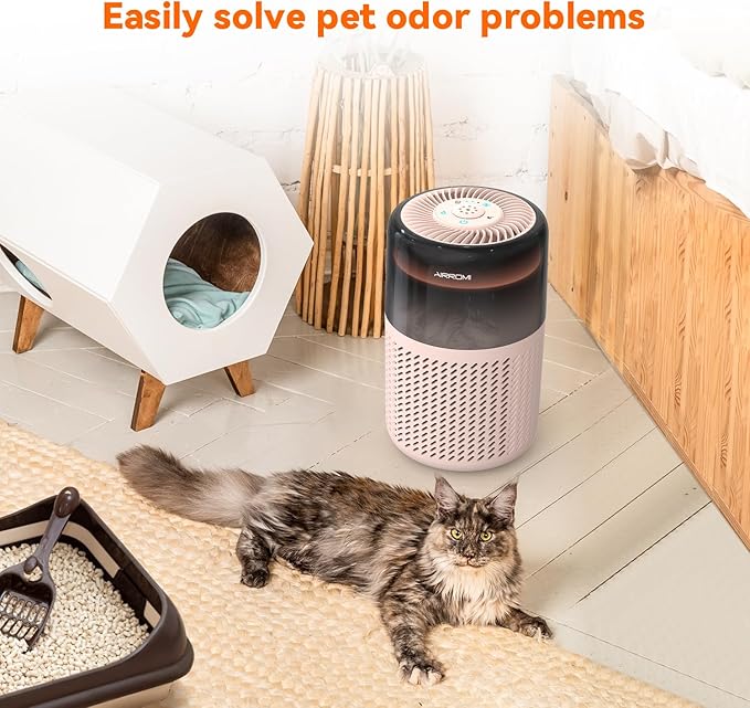 AIRROMI Air Purifier for Bedroom Home,HEPA Filter,Covers Upto 549 Ft²,Quiet 360°intake Air Cleaner with Fragrance ponge for Better Sleep,Night Light,Filters Smoke,Pet Dander,Allergies,Dust,A2005 Beige