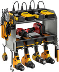 CCCEI Set Power Tool Organizer Wall Mount with Charging Station. Garage 4 Drill Storage Shelf with Hooks, Heavy Duty Metal Tool Battery Charger Organizer. Shop Utility Rack with Power Strip Grey.