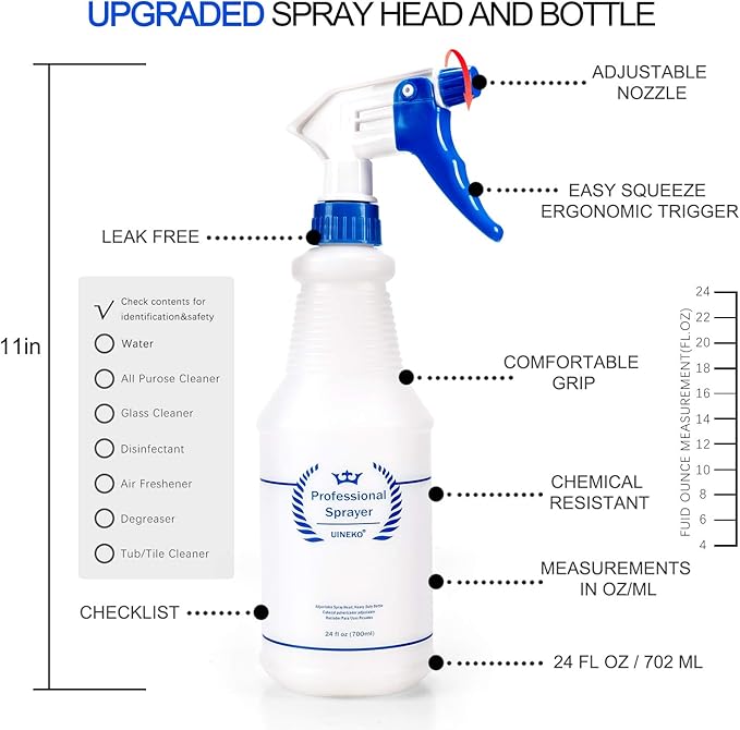 Plastic Spray Bottle (3 Pack, 24 Oz, 3 Colors) Heavy Duty All-Purpose Empty Spraying Leak Proof Mist Water Bottles for Cleaning Solutions Plants Essential Oils Hair Pet with Adjustable Nozzle