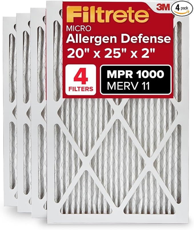 Filtrete 20x25x2 AC Furnace Air Filter, MERV 11, MPR 1000, Allergen Defense, 3-Month Pleated 2-Inch Electrostatic Air Cleaning Filter, 4 Pack (Actual Size 19.5 x 24.5 x 1.75 in)