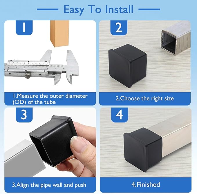 16 Pcs 1" x 1" Square Rubber Chair Leg Caps, PVC Table Leg Covers, Flexible & Anti-Slip Furniture Leg End Caps, Chair Leg Floor Protectors for Bar Stool Leg Patio Indoor, Black