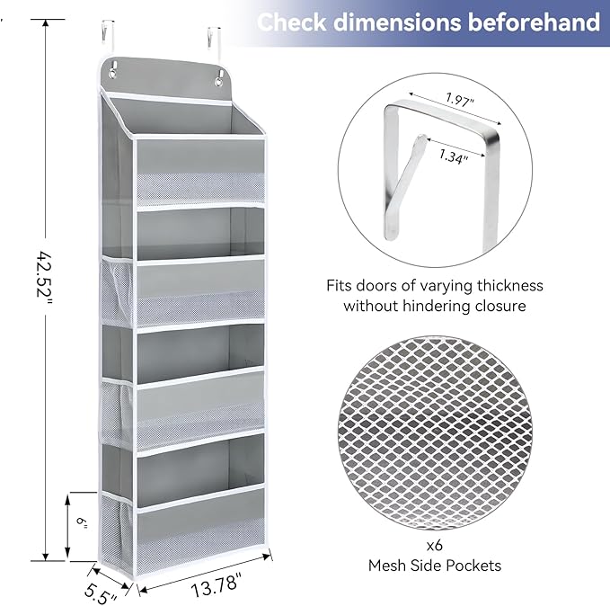 QINGUANG Over The Door Organizer,Hanging Organization And Storage, Behind Door Organizer with Side Pockets, 35 lbs Capacity,Anti Tilt, for Nursery, Bathroom, Bedroom,Dorm (4-Shelf)
