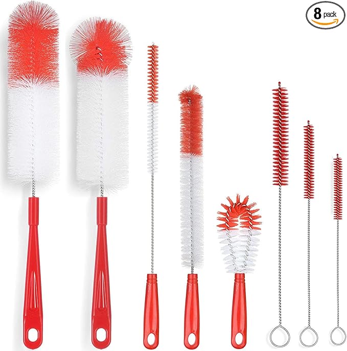 ALINK 5-Pack Red Bottle Brush Cleaner Set - Long Large Cleaing Brush for Narrow Neck Wine/Beer Bottles/ Flask/ Thermos/ Hummingbird Feeder/ Sport Well, Spout/Lid Brush, Straw Brush