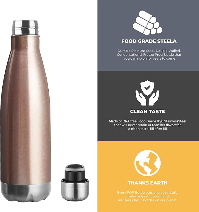 MEWAY 17oz Sport Water Bottle 4 Pack Vacuum Insulated Stainless Steel Leak-Proof Double Wall Cola Shape Water Bottle,Keep Drinks Hot & Cold(Rose Gold,4 Pack)