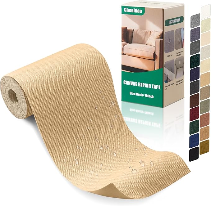 Canvas Repair Tape 4×70 Inch Waterproof Self-Adhesive Fabric Repair Patch for Repairing Boat Covers,Tents,Patio Umbrellas,Car Seats,Luggage,Sofas.(Beige Yellow)