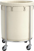 ELYKEN Laundry Basket with Wheels, 170L Rolling Laundry Hamper with Removable Bag and Steel Frame, Round Laundry Cart with 4 Casters and 2 Brakes, Ideal for Bedroom, Bathroom, Laundry Room, Cream