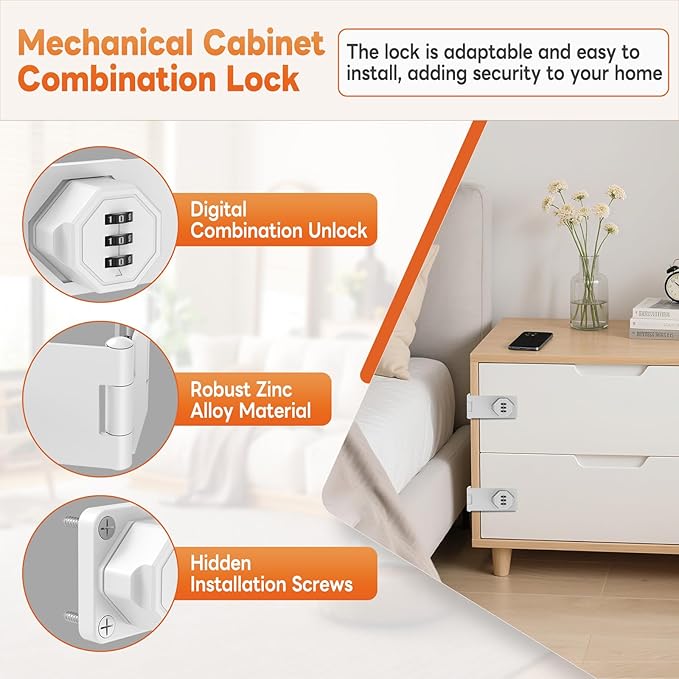 90 Degree 3-Digit Combination Cabinet Lock, Zinc Alloy Keyless Folding Hasp Lock Latch, Password Security Rotary Door Latch for Office File Cabinet, Drawer, Locker, Cupboard (2, White)