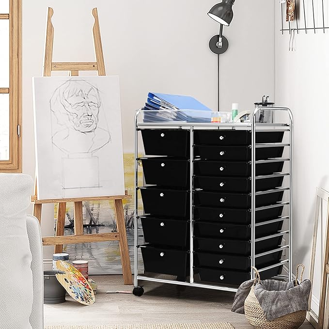 GOFLAME 15-Drawer Rolling Storage Cart, Multipurpose Movable Organizer, Utility Cart for Home, Office, School, Black