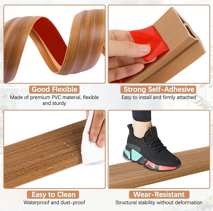 Vinyl Door Threshold Flooring Transition Strip Self Adhesive Carpet Edging Strip for Laminate Doorway Edge Threshold from 2/5" to 3/5" (Light Brown Wood Grain, 10 Ft)