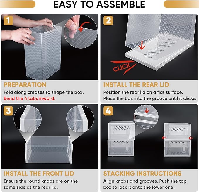 BALEINE 12 Pack Stackable Shoe Storage Boxes Fit Size 11, Thickened Clear Shoe Box Bins with Lids, Plastic Foldable Organizer Sneaker Storage Containers (X-Large, White)
